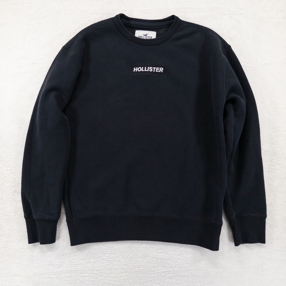 Hollister Mens Sweatshirt S Black Embroidered Logo Fleece Pullover Crew Neck
